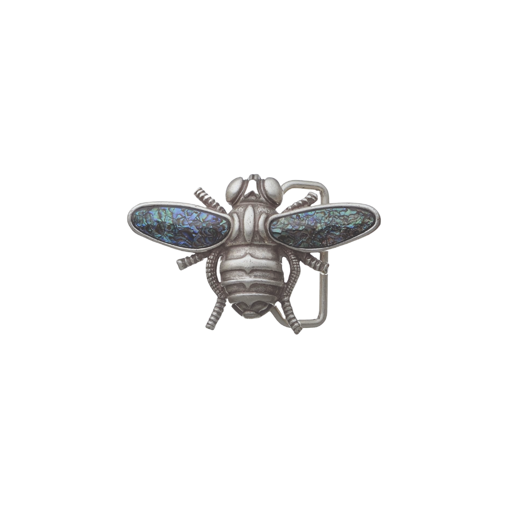 Antique silver bee belt buckle with abalone shell inlay wings, insect inspired fashion accessory, Italian design vintage buckle, men’s collectible decorative belt hardware