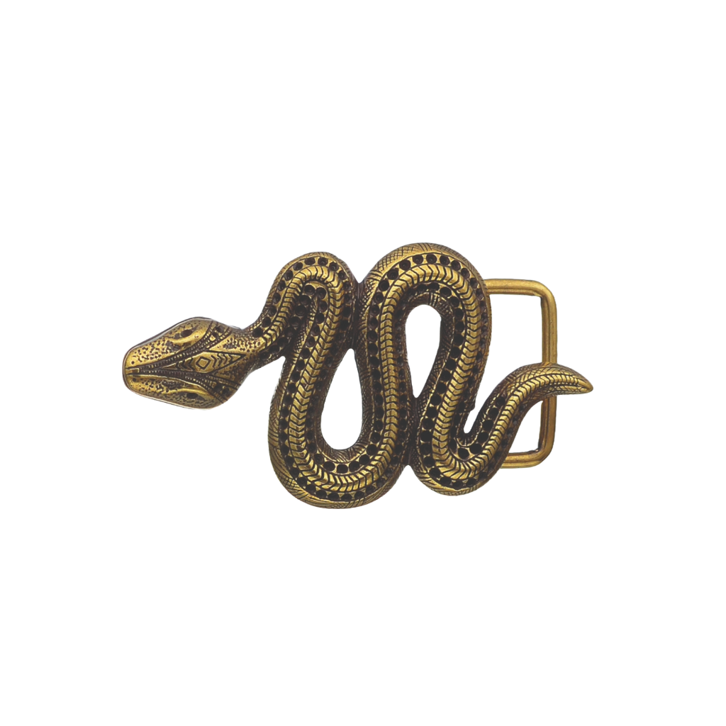 Intricate gold-toned snake belt buckle with a detailed Art Deco-style pattern, a bold and unique fashion accessory with a beautiful Italian design.

