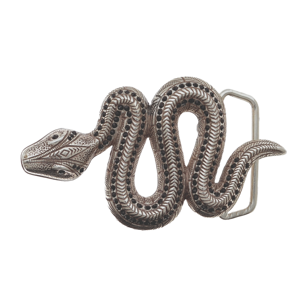 Intricate silver snake belt buckle with a detailed Art Deco-style pattern, a bold and unique fashion accessory with a beautiful Italian design.


