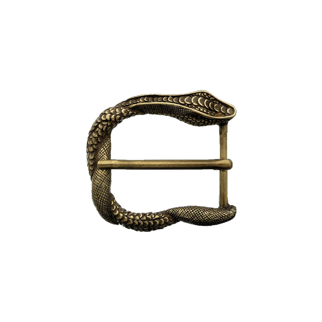 Antique bronze-tone snake belt buckle featuring a detailed reptilian scale texture and a curved serpent silhouette.