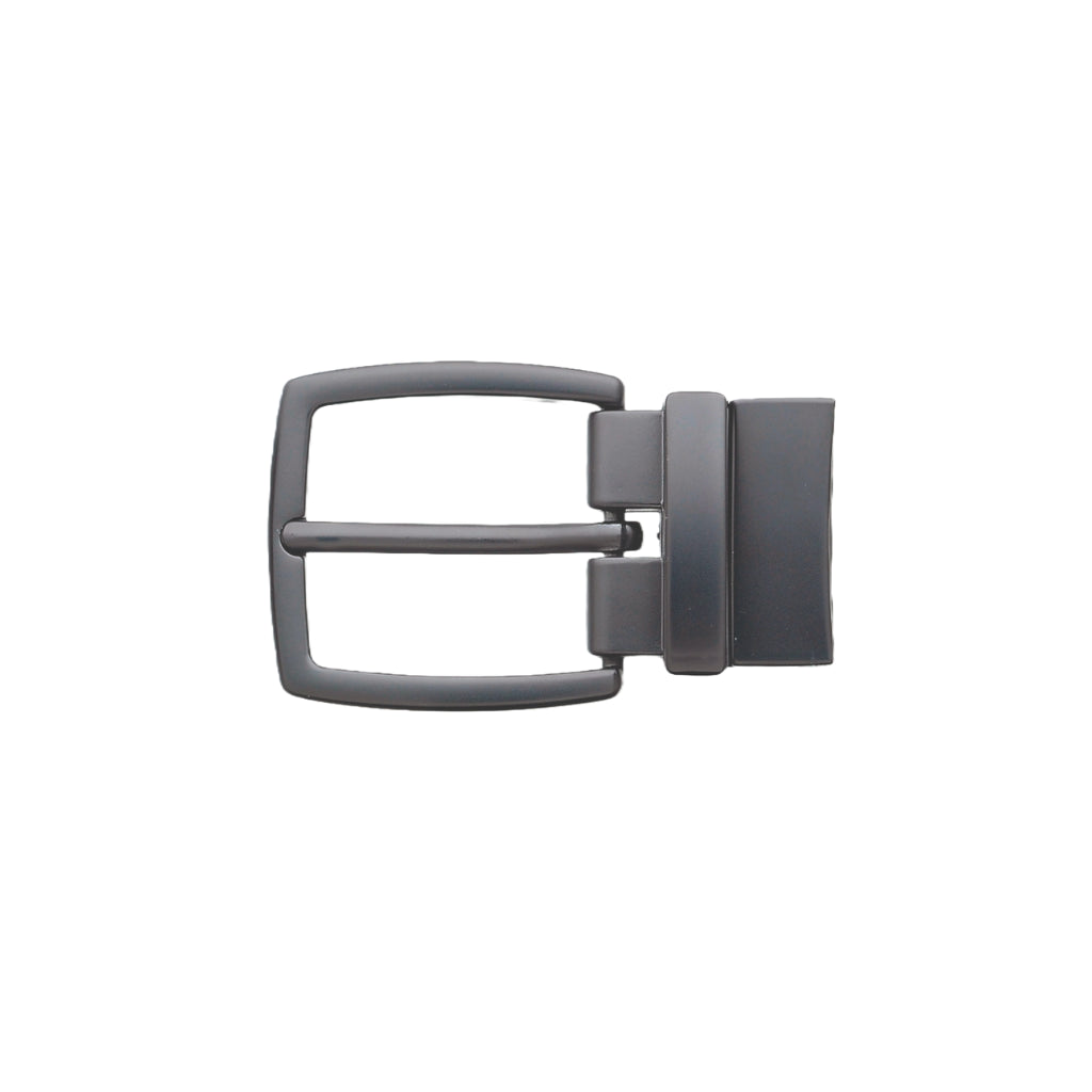 Matte gunmetal rectangular frame belt buckle with pin bar and clamp closure, fits 30mm belt strap