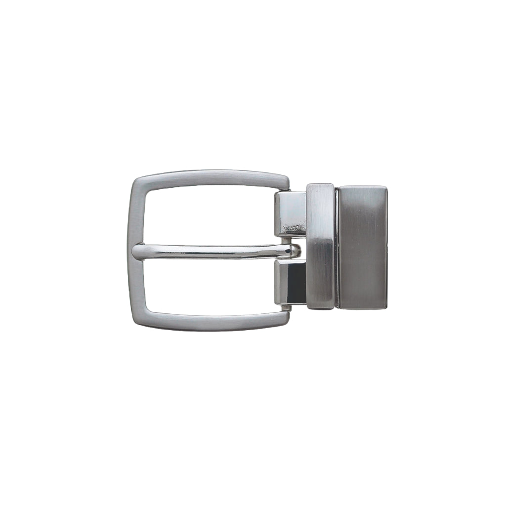 Brushed nickel rectangular frame belt buckle with pin bar and clamp closure, fits 30mm belt strap