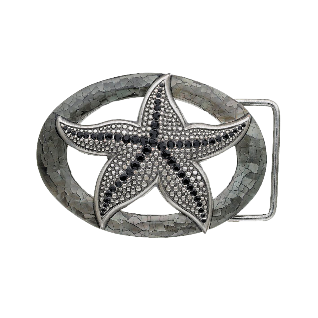 Silver starfish belt buckle with gemstone accents and cracked shell inlay, nautical marine life fashion accessory, Italian design inspired vintage buckle, men’s collectible decorative belt hardware