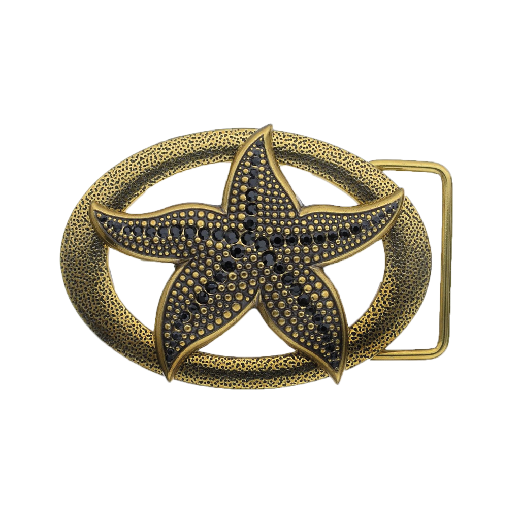 A detailed, oval-shaped belt buckle. This stylish fashion accessory features a central starfish adorned with black and bronze-toned studs, set against a textured, antique gold frame, with a look that suggests an Italian design aesthetic.