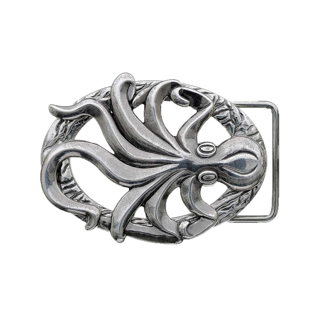 A detailed, sculpted silver belt buckle. This unique fashion accessory features a central octopus with flowing tentacles, set within a textured, wavy frame, with an intricate design that suggests a high-quality Italian design aesthetic.