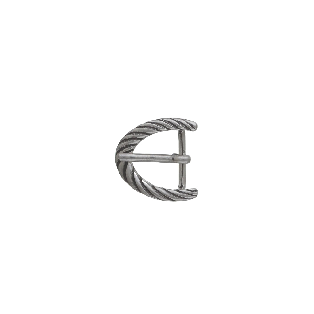 Polished silver crescent belt buckle with diagonal rope-groove texture, fits 25mm belt strap