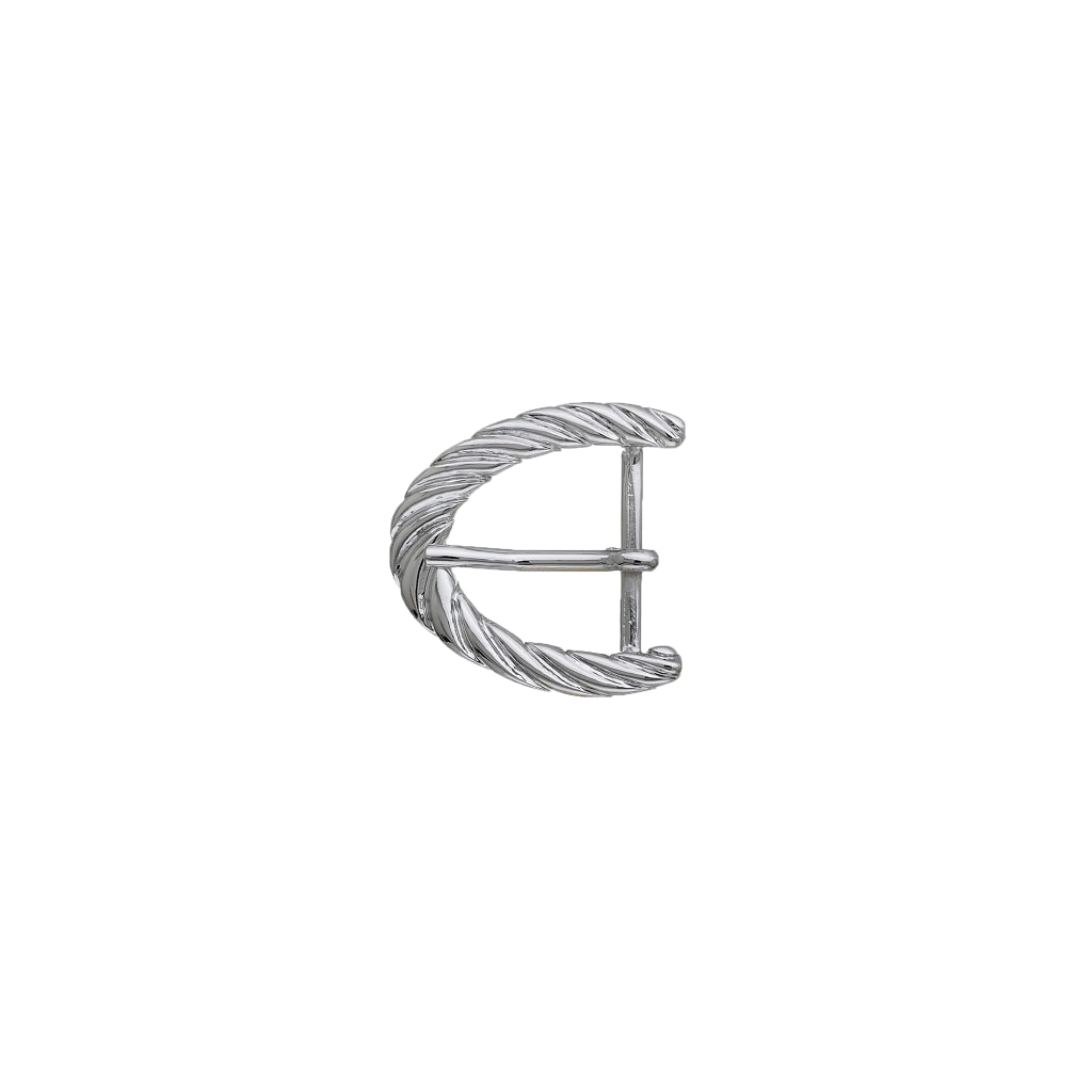 Bright silver crescent belt buckle with twisted rope texture, fits 25mm belt strap