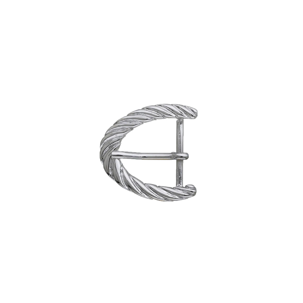 Bright silver crescent belt buckle with twisted rope texture, fits 30mm belt strap