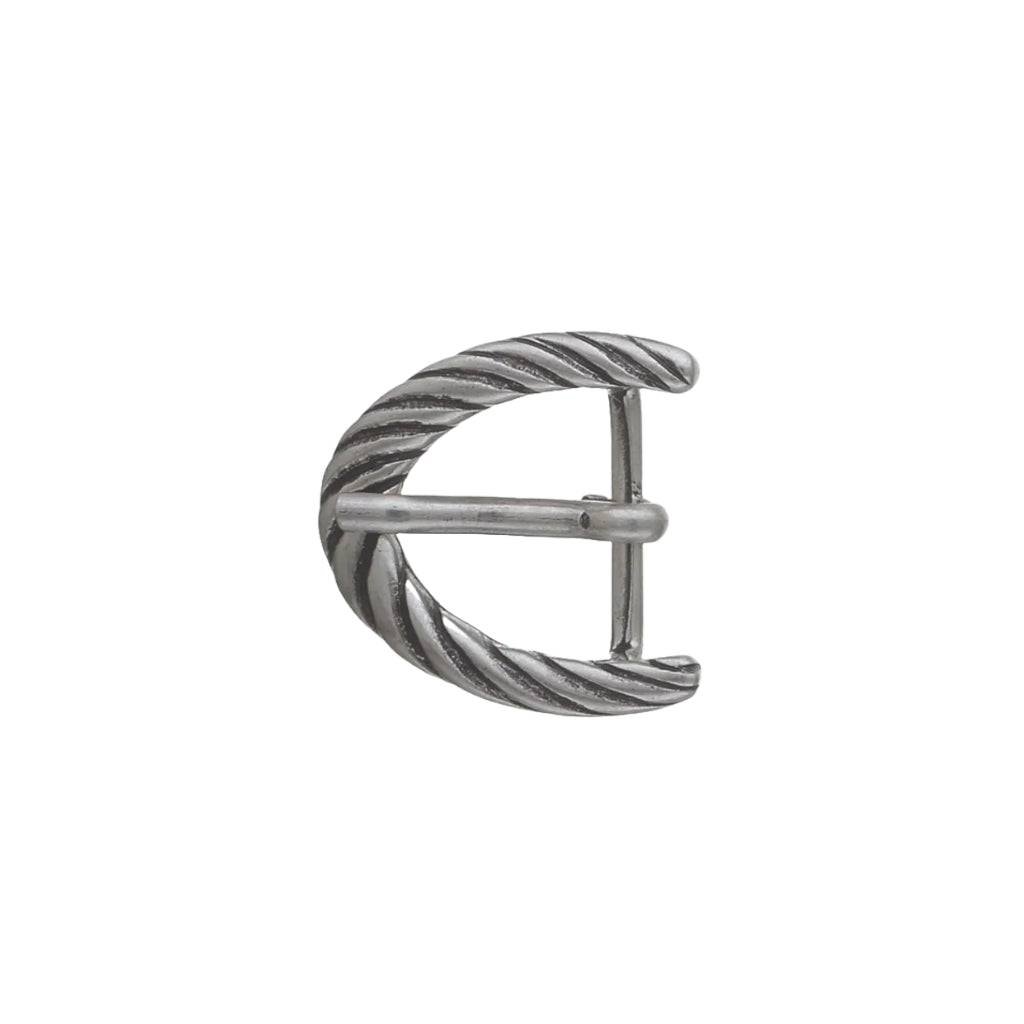 Polished silver crescent belt buckle with diagonal rope-groove texture, fits 35mm belt strap
