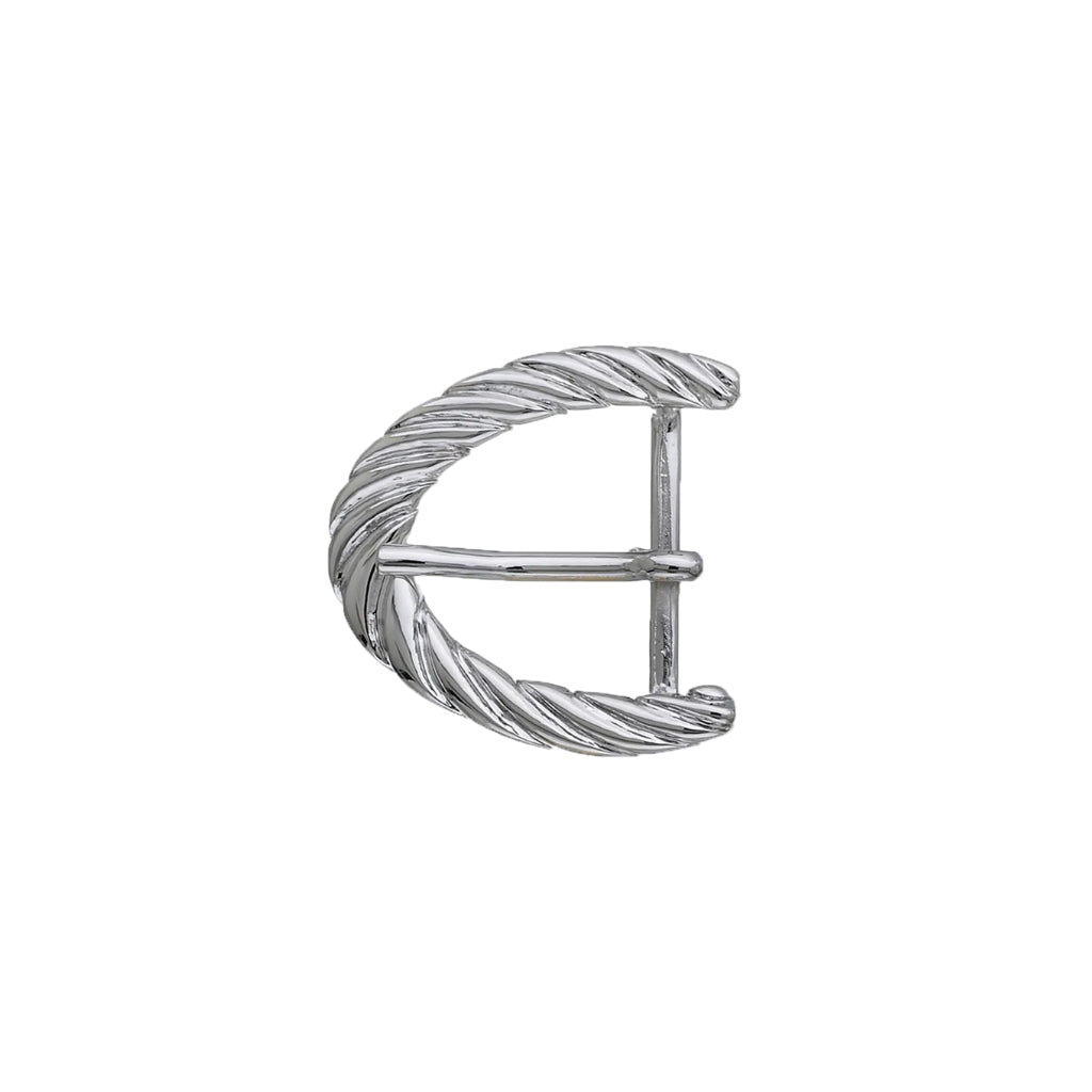 Bright silver crescent belt buckle with twisted rope texture, fits 35mm belt strap