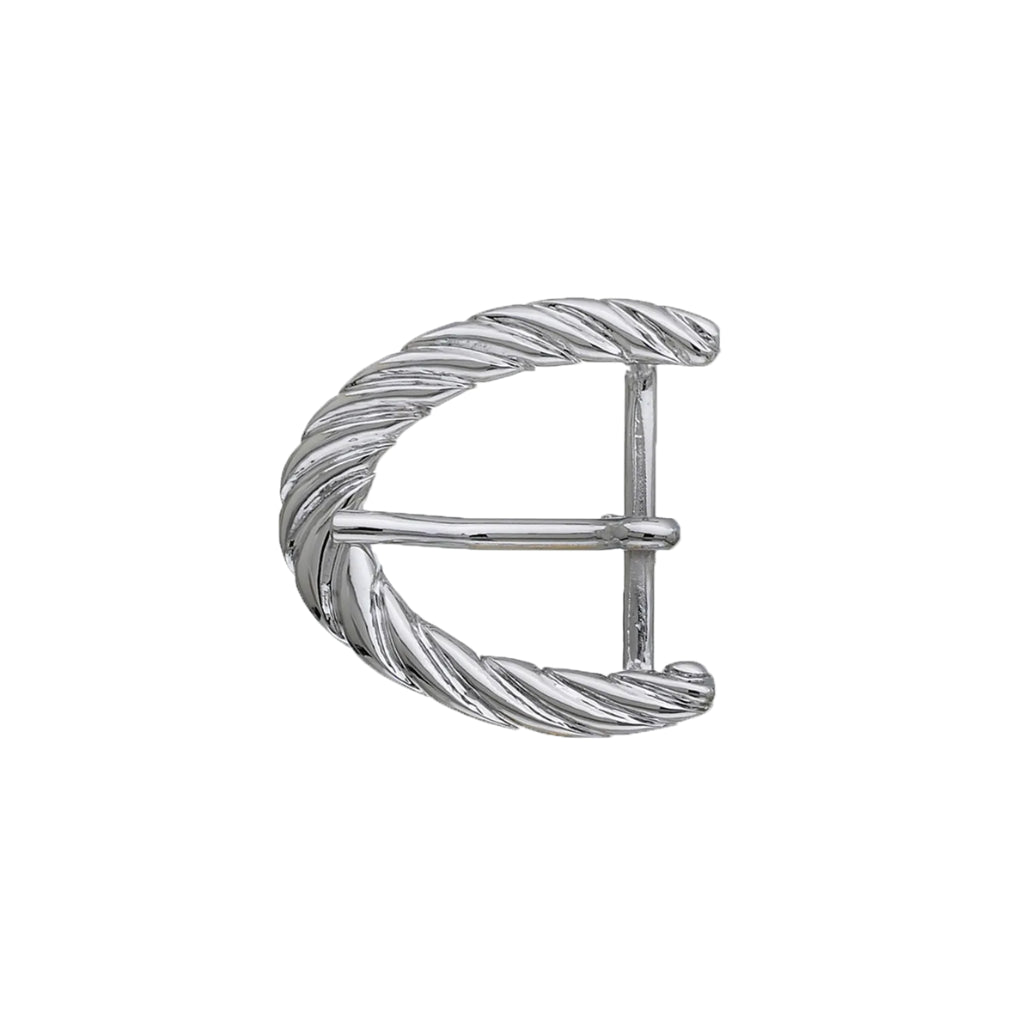 Bright silver crescent belt buckle with twisted rope texture, fits 40mm belt strap