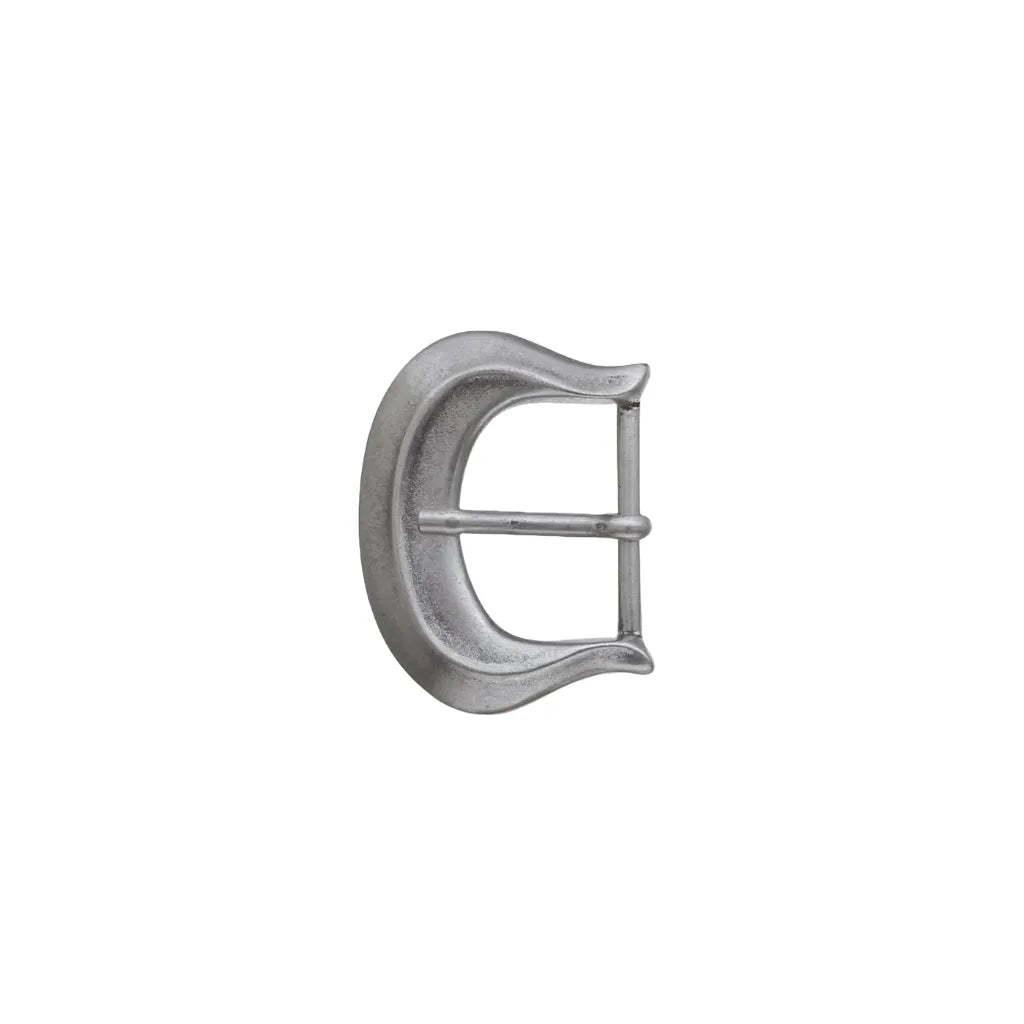 Satin silver horseshoe belt buckle with curved crescent frame, fits 35mm belt strap