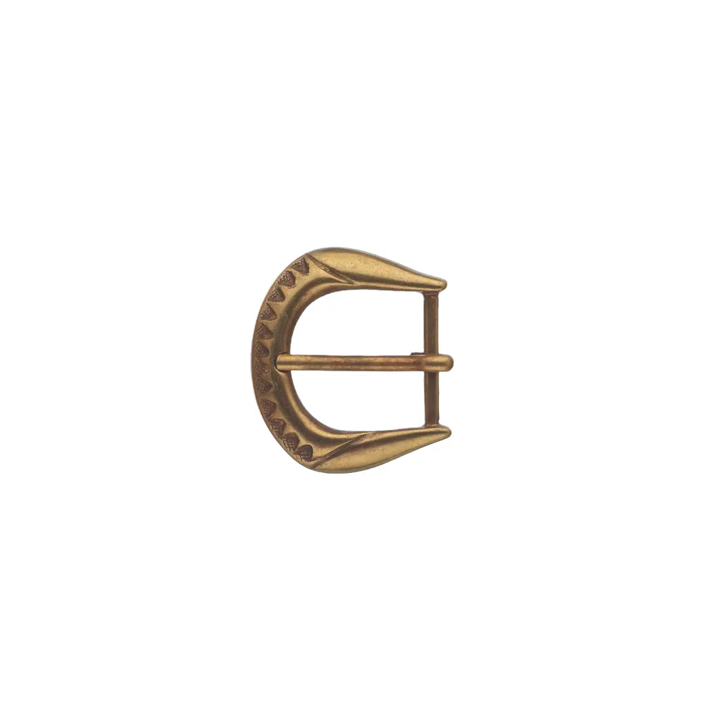 Decorative 30mm belt buckle in old gold. 