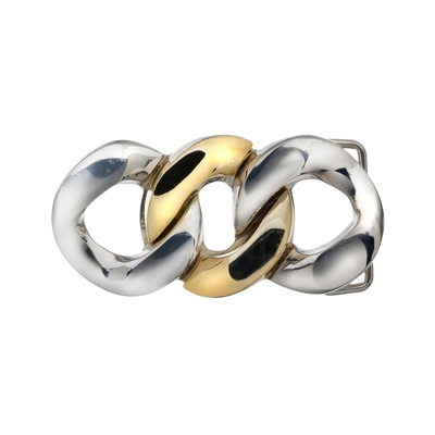 Stylish two-tone chain belt buckle featuring interlocking silver and gold links.