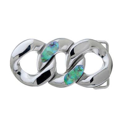 Silver chain link belt buckle with abalone shell inlay, modern fashion accessory with gemstone accents, Italian design inspired vintage buckle, stylish men’s belt hardware, collectible decorative accessory