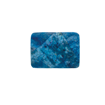 Rectangular belt buckle with blue mother of pearl mosaic inlay, cracked gemstone shell design, fashion accessory with iridescent finish, Italian design inspired vintage buckle, stylish men’s belt hardware