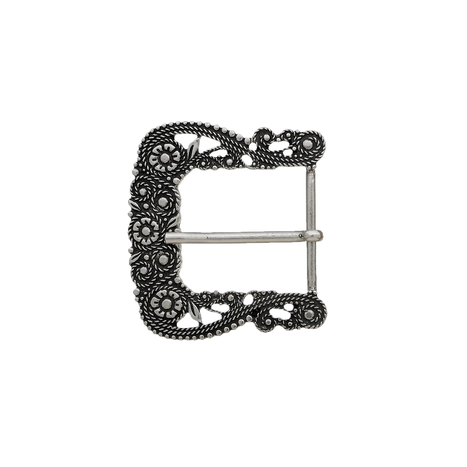 Decorative 40mm belt buckle in English Silver. 