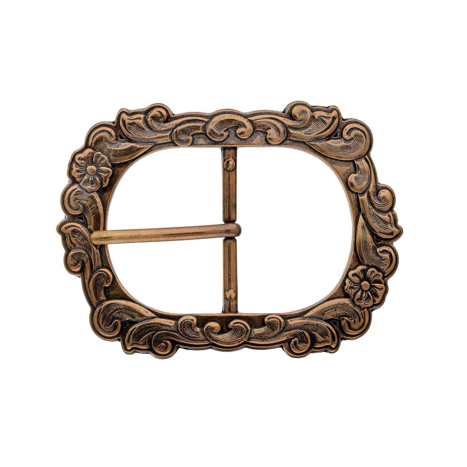 Floral Rococo 40mm belt buckle in Old Gold. 