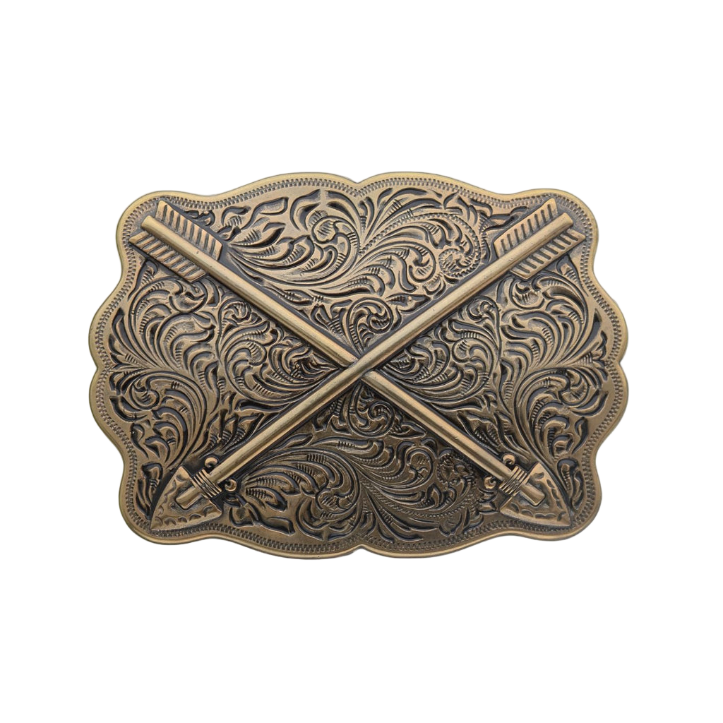Antique bronze belt buckle with crossed arrows and ornate floral engraving, western cowboy fashion accessory, Italian design inspired vintage buckle, rustic men’s belt hardware, collectible decorative accessory