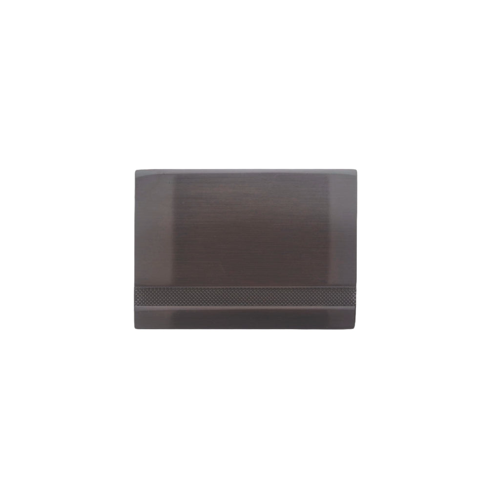 Gunmetal rectangular belt buckle with brushed face and textured band detail