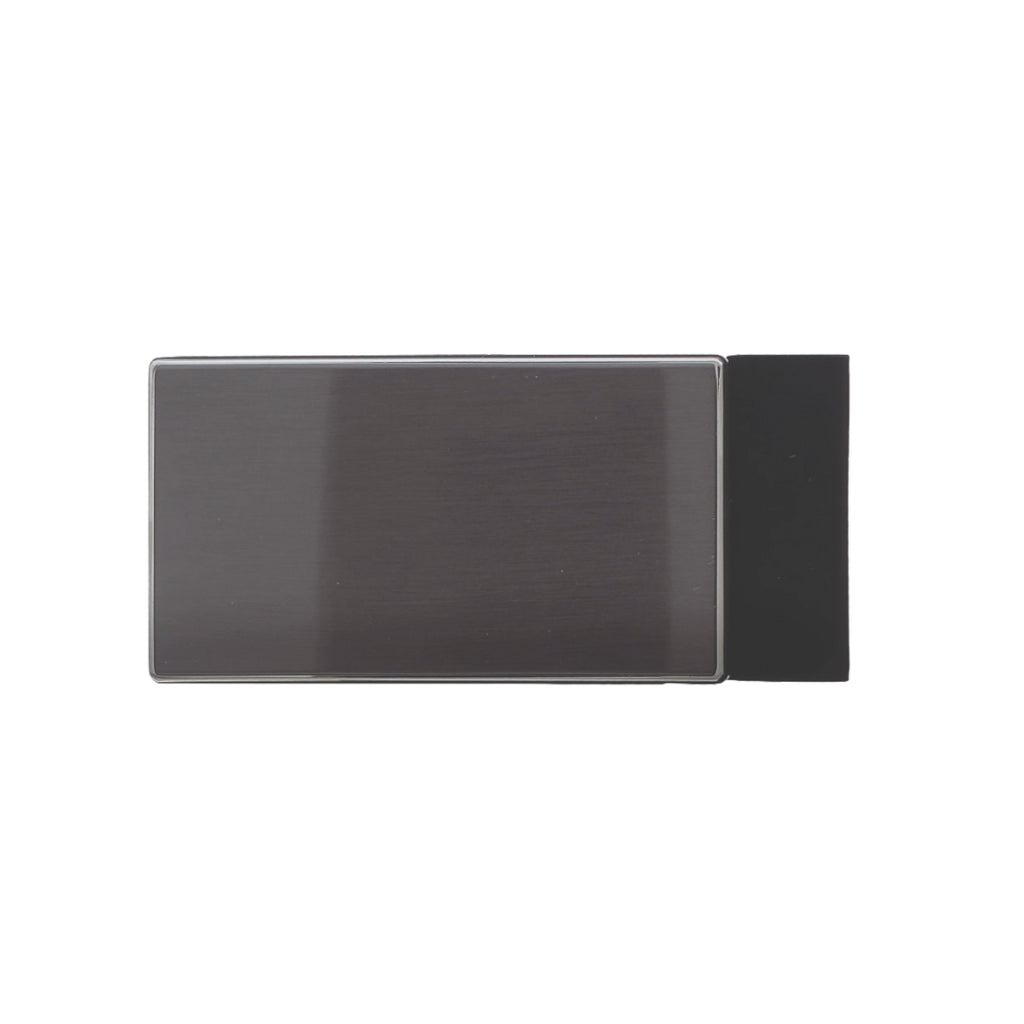 Polished gunmetal-tone rectangular belt buckle featuring a minimalist flat frame and a brushed metal finish.