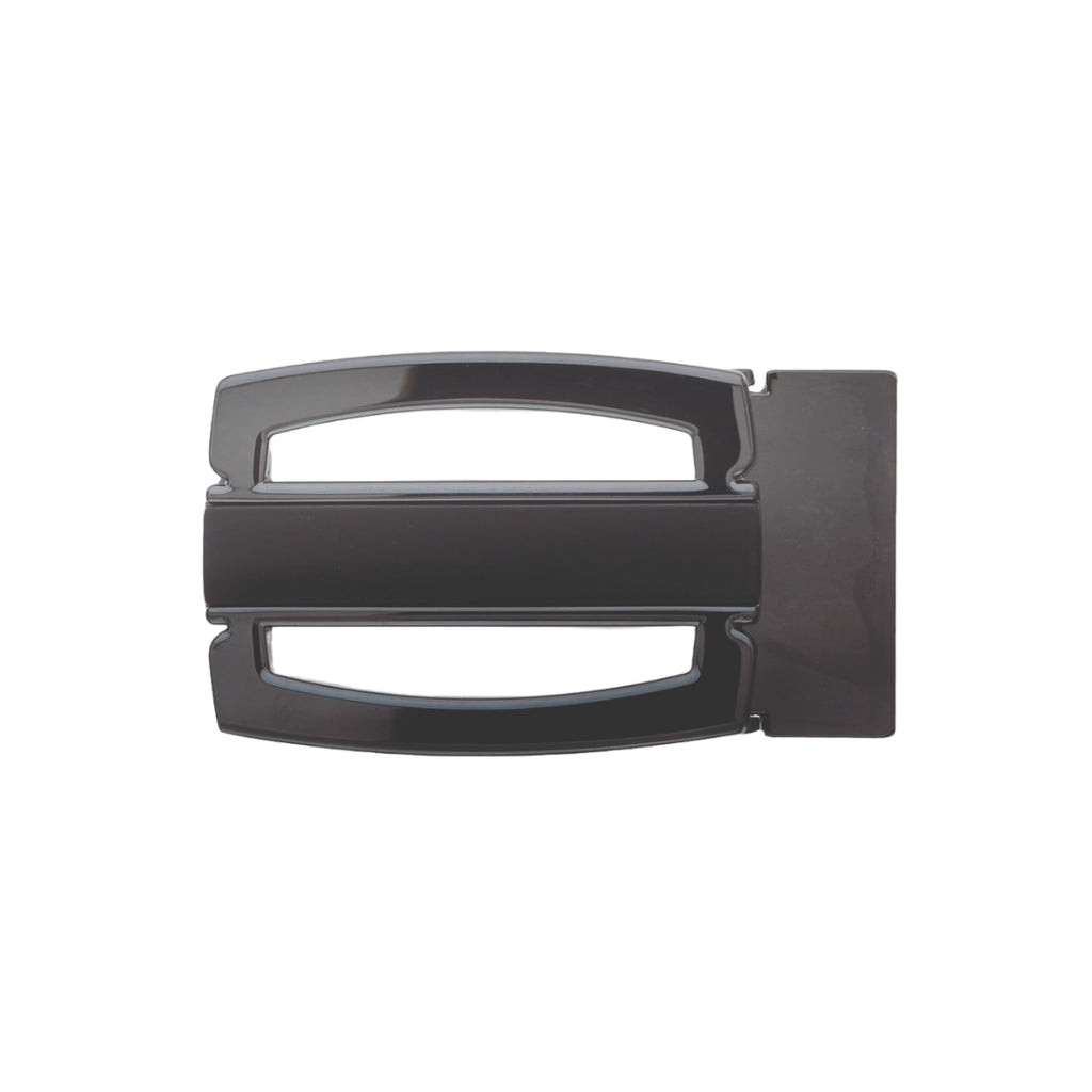 Gunmetal belt buckle with open frame design and wide center bar