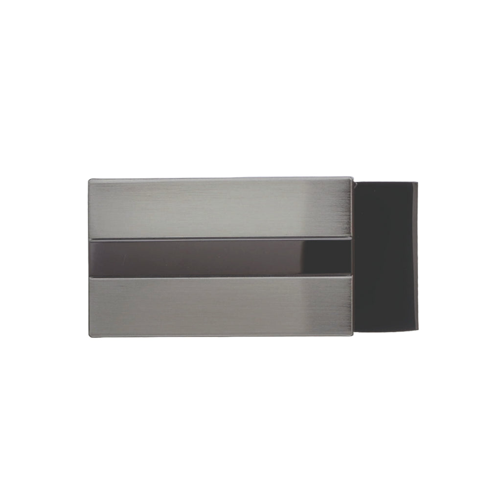 Modern three-toned rectangular belt buckle featuring a polished black center stripe and brushed gunmetal outer bands.