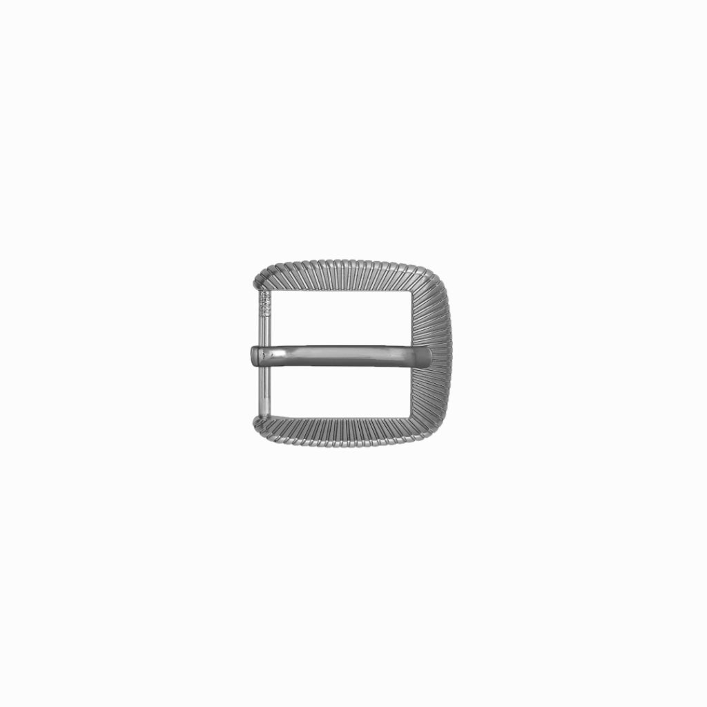 Polished gunmetal-tone rectangular belt buckle featuring a deep radiating sunburst texture and single prong.