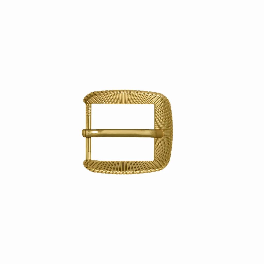 Polished gold rectangular belt buckle featuring a deep radiating sunburst texture and single prong.