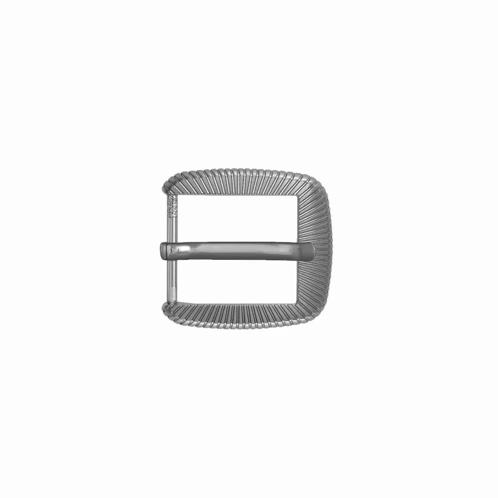 Brushed silver-tone rectangular belt buckle featuring a fine radiating sunburst texture and matching belt keeper.