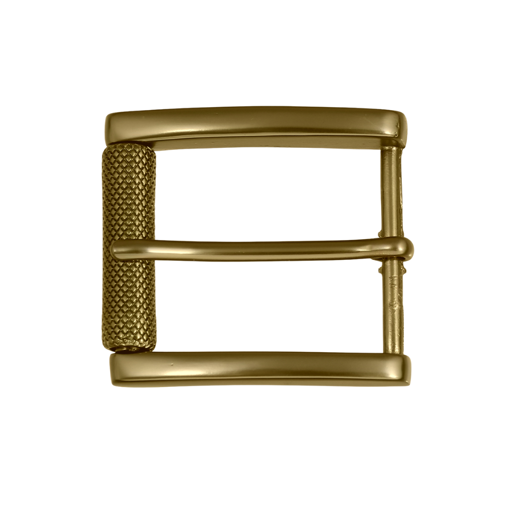 Shiny Old Gold 40mm belt buckle with knurled roller detail.