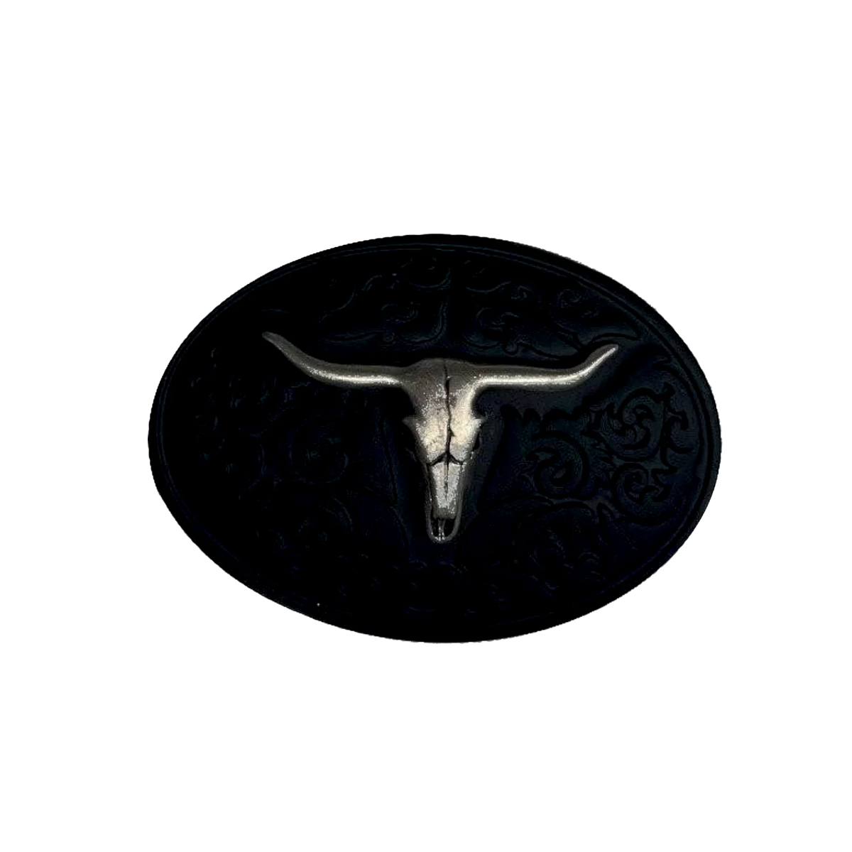 Oval 40mm Belt Buckle – Black Scrollwork & Silver-Tone Longhorn Skull