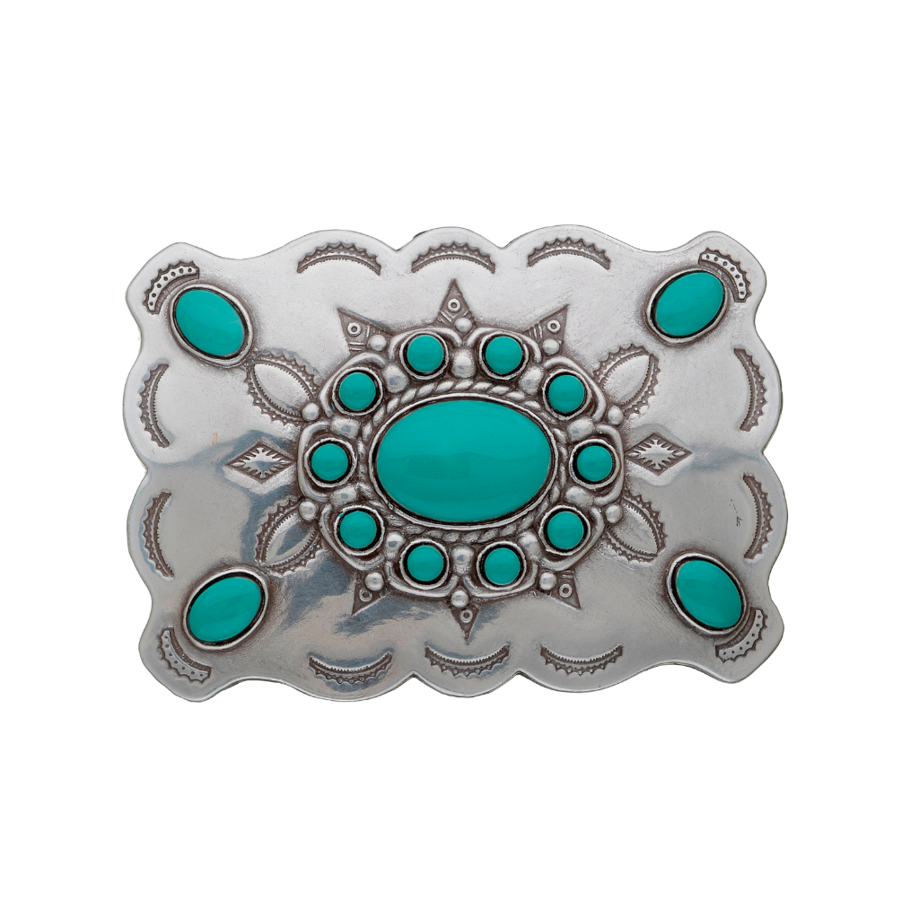 A detailed silver belt buckle with a Southwestern design. This fashion accessory features a large central turquoise stone, a starburst motif with smaller turquoise stones, and an outer scalloped border with additional stones and stamped patterns.