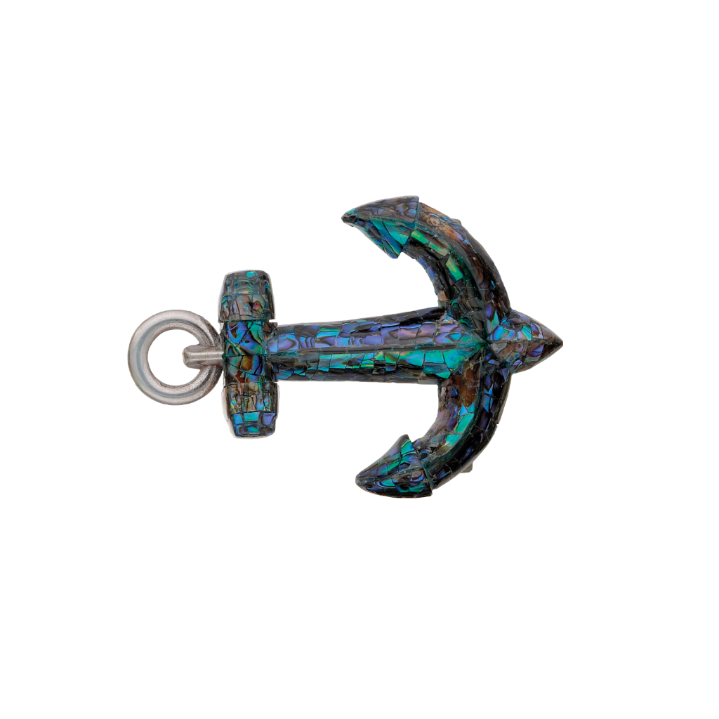 Intricate abalone shell anchor belt buckle, a striking fashion accessory with a unique Italian design, perfect for a nautical or coastal look.

