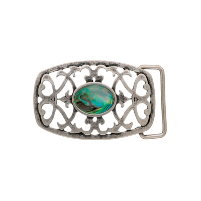 Brushed silver rectangular belt buckle with a beautiful open filigree design and a central green abalone shell stone, a stylish fashion accessory with a vintage Italian design.