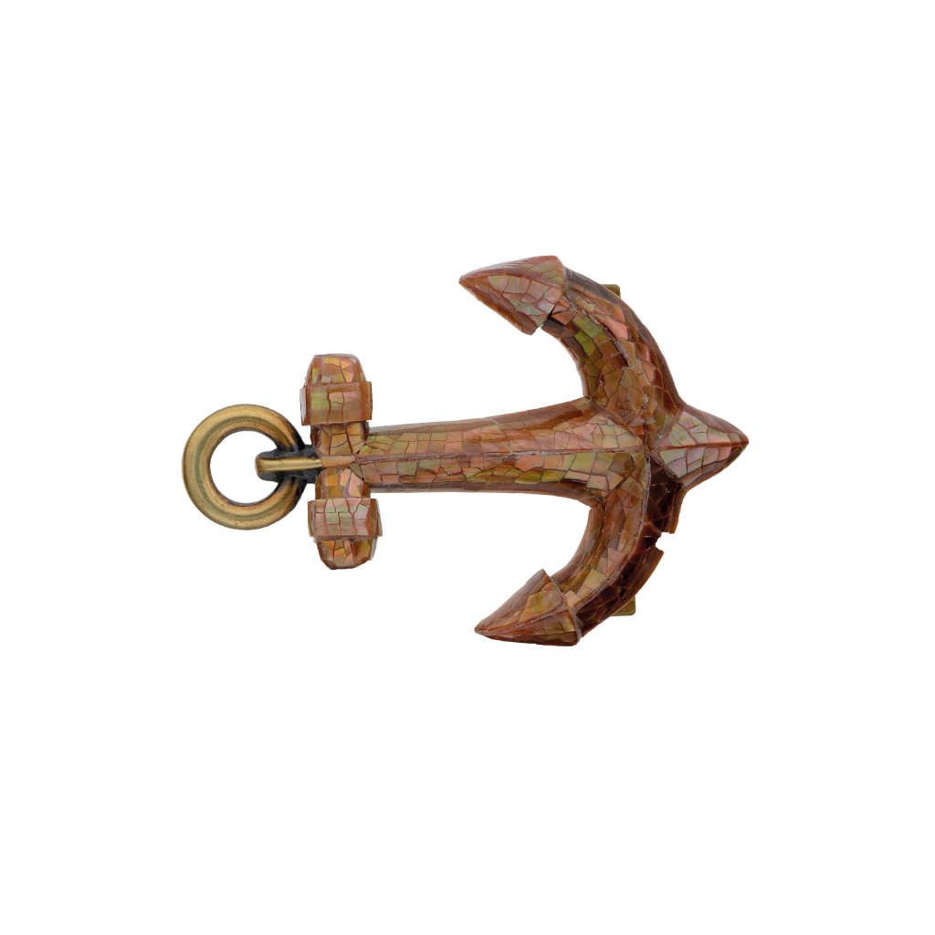 Ornate mother of pearl anchor belt buckle with a gold-toned setting, a striking fashion accessory with a unique Italian design, perfect for a nautical or coastal look.

