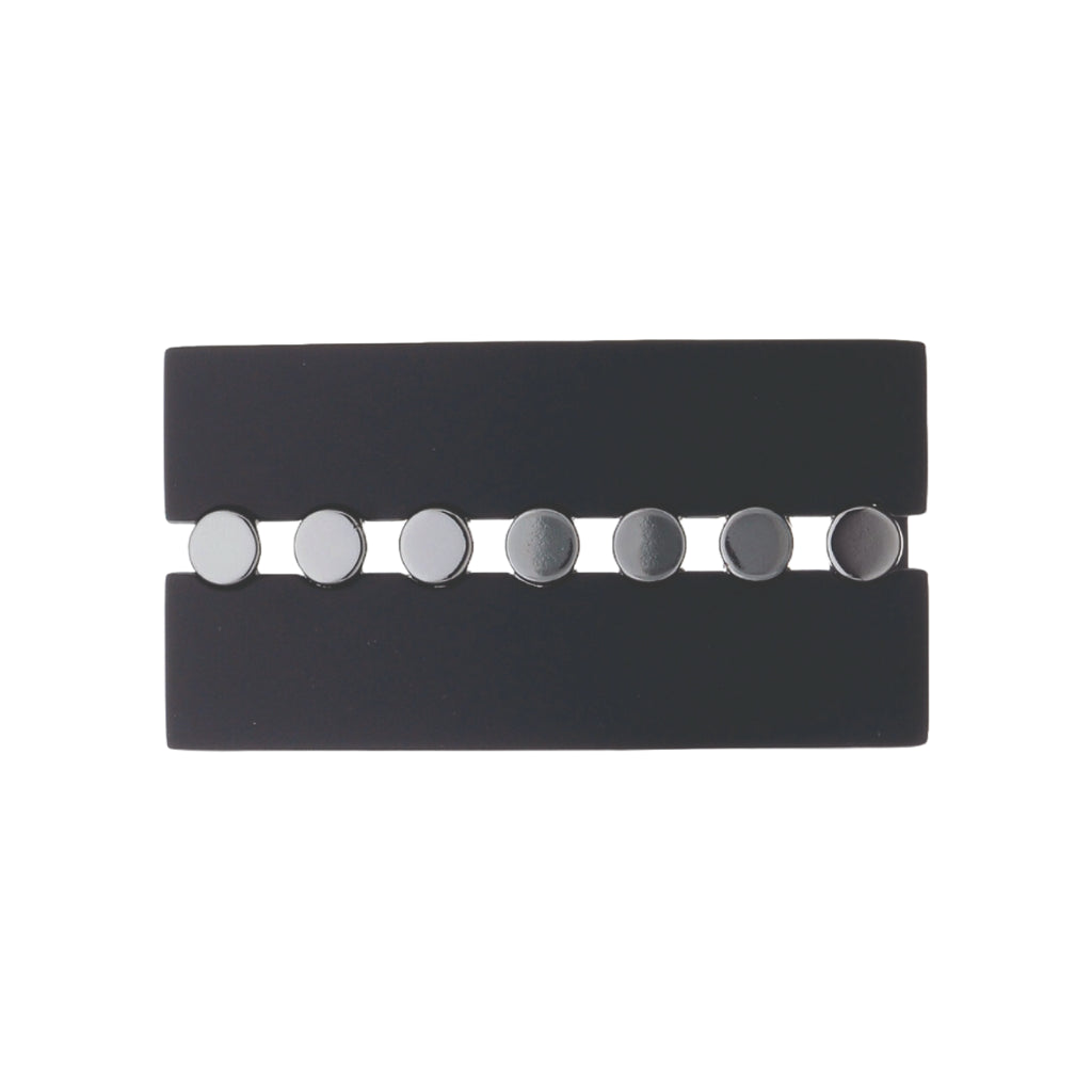 Modern three-toned rectangular belt buckle featuring a polished black center stripe and brushed silver outer bands.