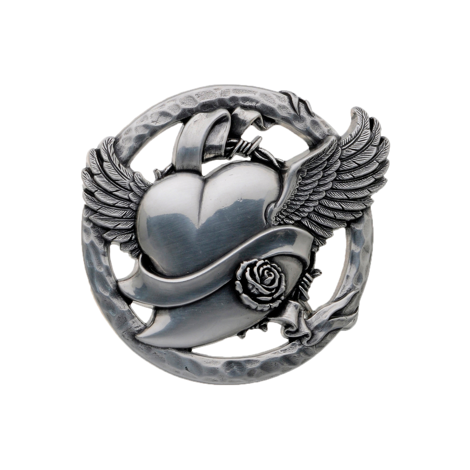 Antique silver winged heart concho with a rose, ribbon, and barbed wire accents.