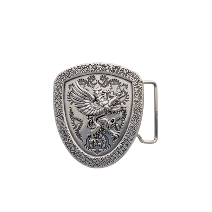 Silver shield belt buckle with griffin design, medieval heraldic fashion accessory, Italian design inspired gothic style, engraved vintage armor motif buckle for men’s belts, collectible fantasy accessory