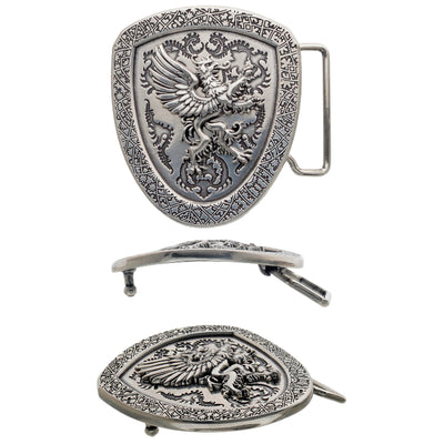 Silver shield belt buckle with griffin design, medieval heraldic fashion accessory, Italian design inspired gothic style, engraved vintage armor motif buckle for men’s belts, collectible fantasy accessory