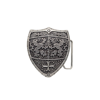 Shield belt buckle with medieval lion design, silver engraved fashion accessory, Italian design inspired heraldic style, ornate gothic shield buckle for men’s belts, vintage armor motif collectible accessory