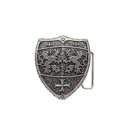 Shield belt buckle with medieval lion design, silver engraved fashion accessory, Italian design inspired heraldic style, ornate gothic shield buckle for men’s belts, vintage armor motif collectible accessory