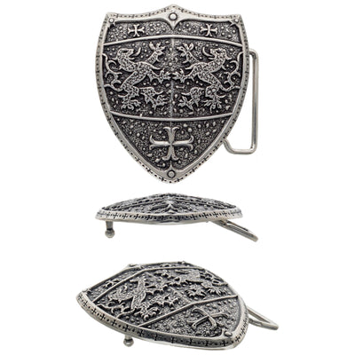 Shield belt buckle with medieval lion design, silver engraved fashion accessory, Italian design inspired heraldic style, ornate gothic shield buckle for men’s belts, vintage armor motif collectible accessory