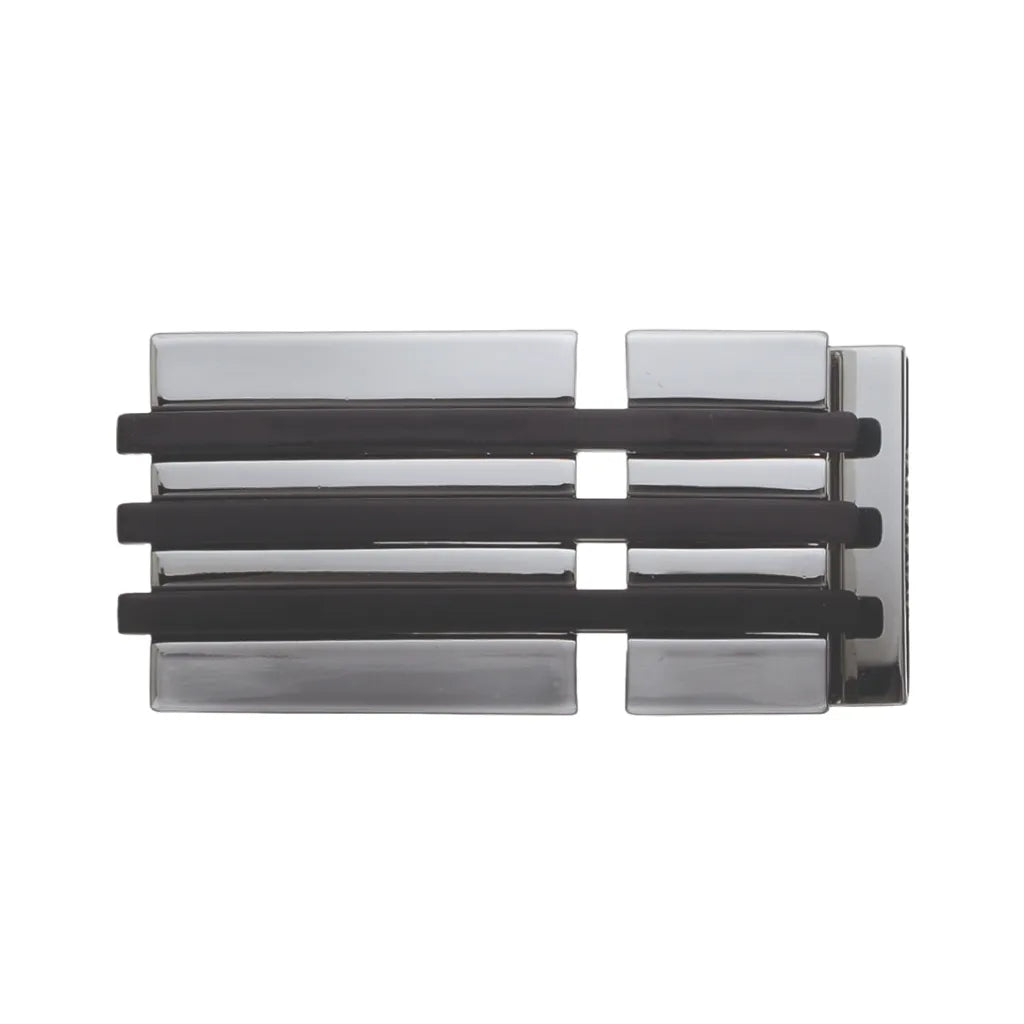 Modern three-toned rectangular buckle featuring polished silver bands, black stripes, and a brushed metal finish.