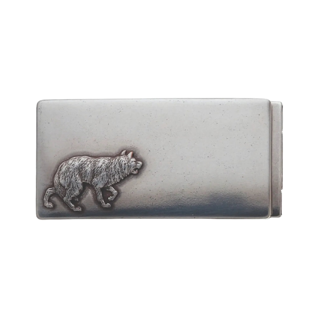 Antique silver rectangular belt buckle with embossed bear detail