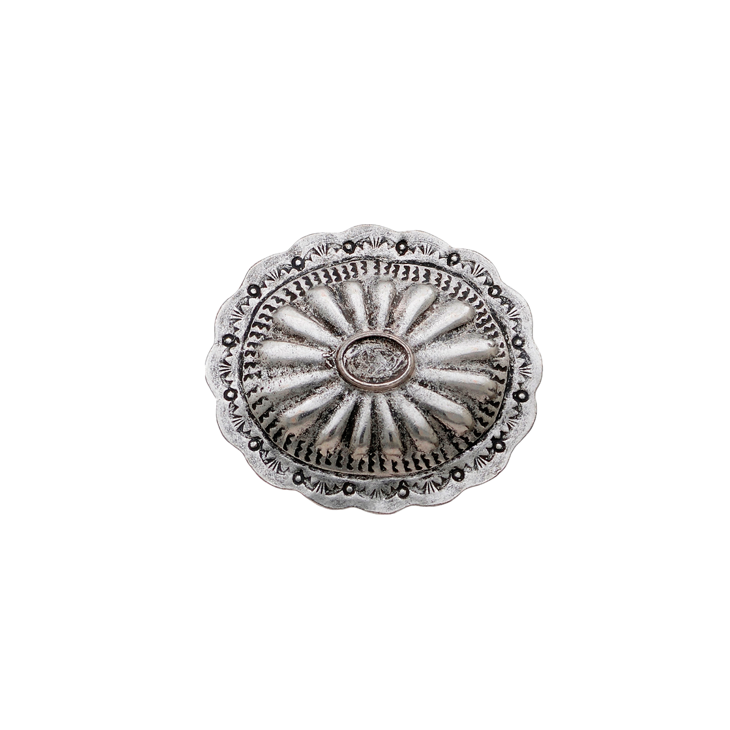 Antique silver oval western concho with sunburst stamping and scalloped edges.