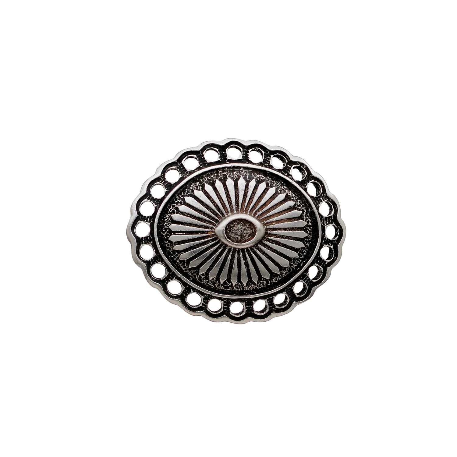 An ornate, oval silver-toned metal embellishment. The design features a textured center shaped like an eye, surrounded by radiating sunburst lines. The outer edge is scalloped with circular cutouts, giving it a lace-like appearance.