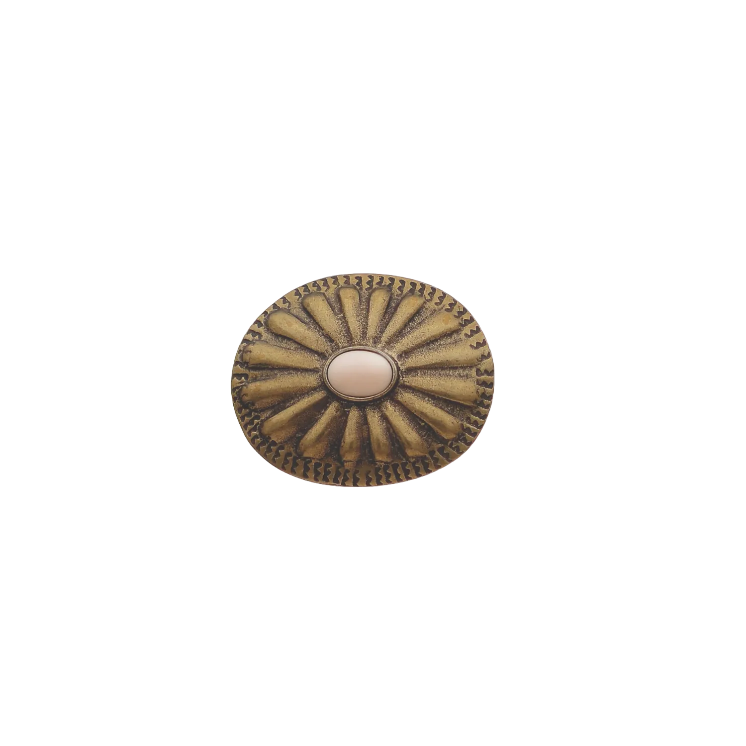 Decorative round metal pushpin with sunburst design on a white background