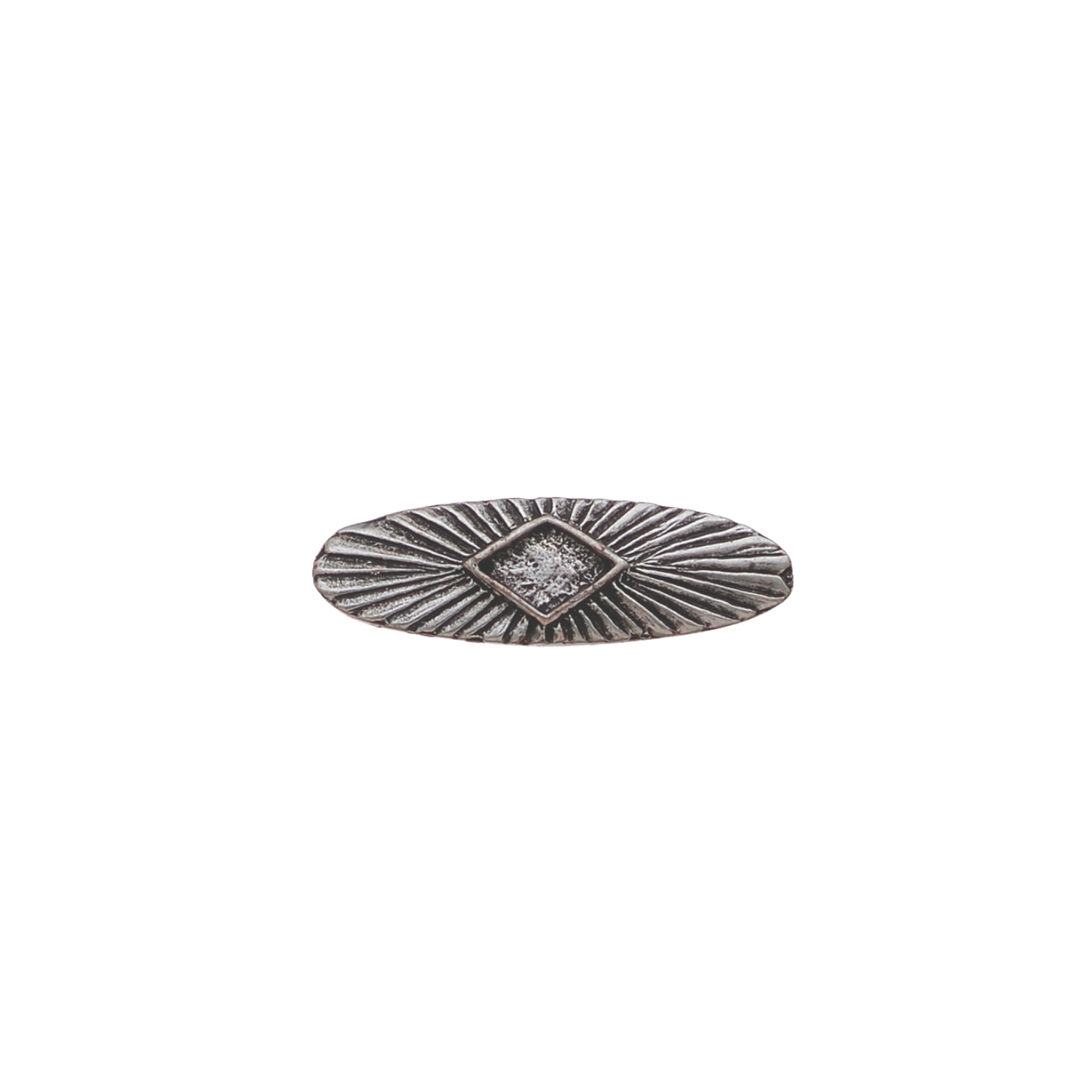 Vintage silver oval sunburst slider with diamond center for western leather straps.
