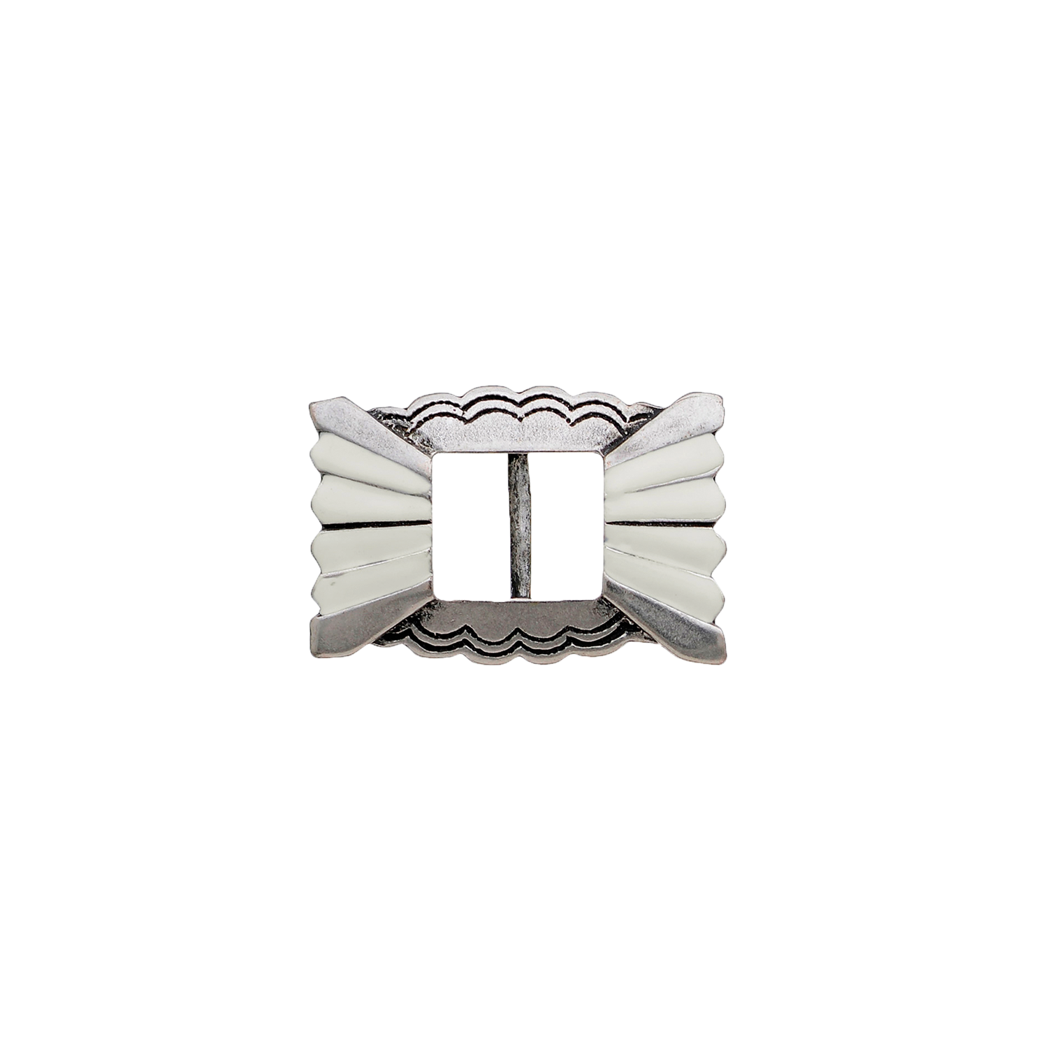 Vintage silver scalloped rectangular belt buckle with white enamel fan detail.